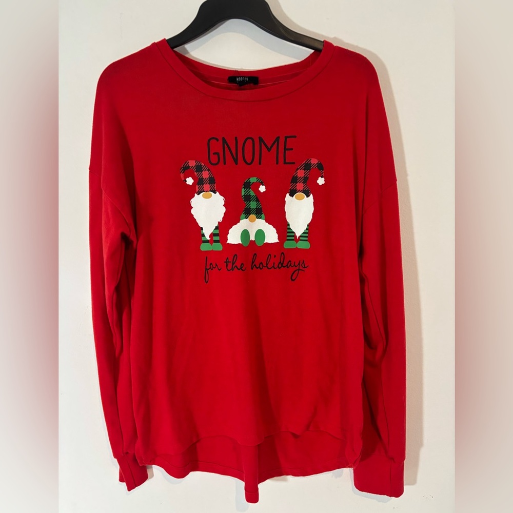 Modern Canvas Women Large Long Sleeve Red Christmas Shirt Gnome for the Holidays
